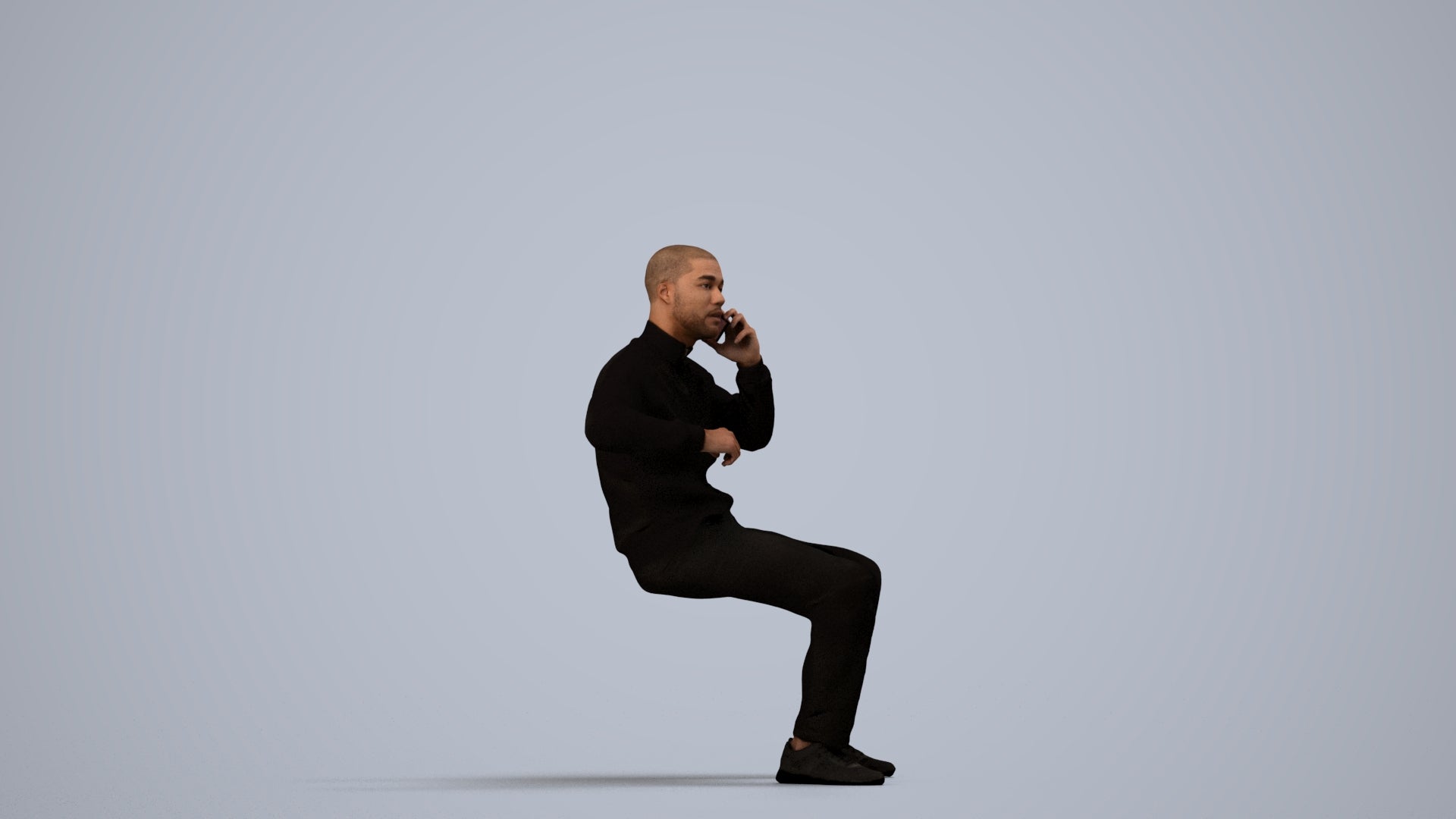 3D human model man sitting, photogrammetry scanned person for archviz, side view render