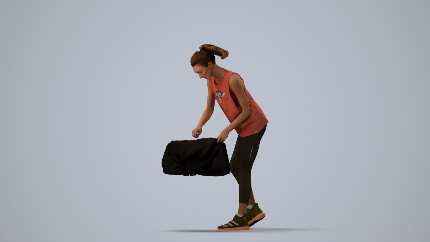 3D human model woman sport, photogrammetry scanned person for archviz, three-quarter view render
