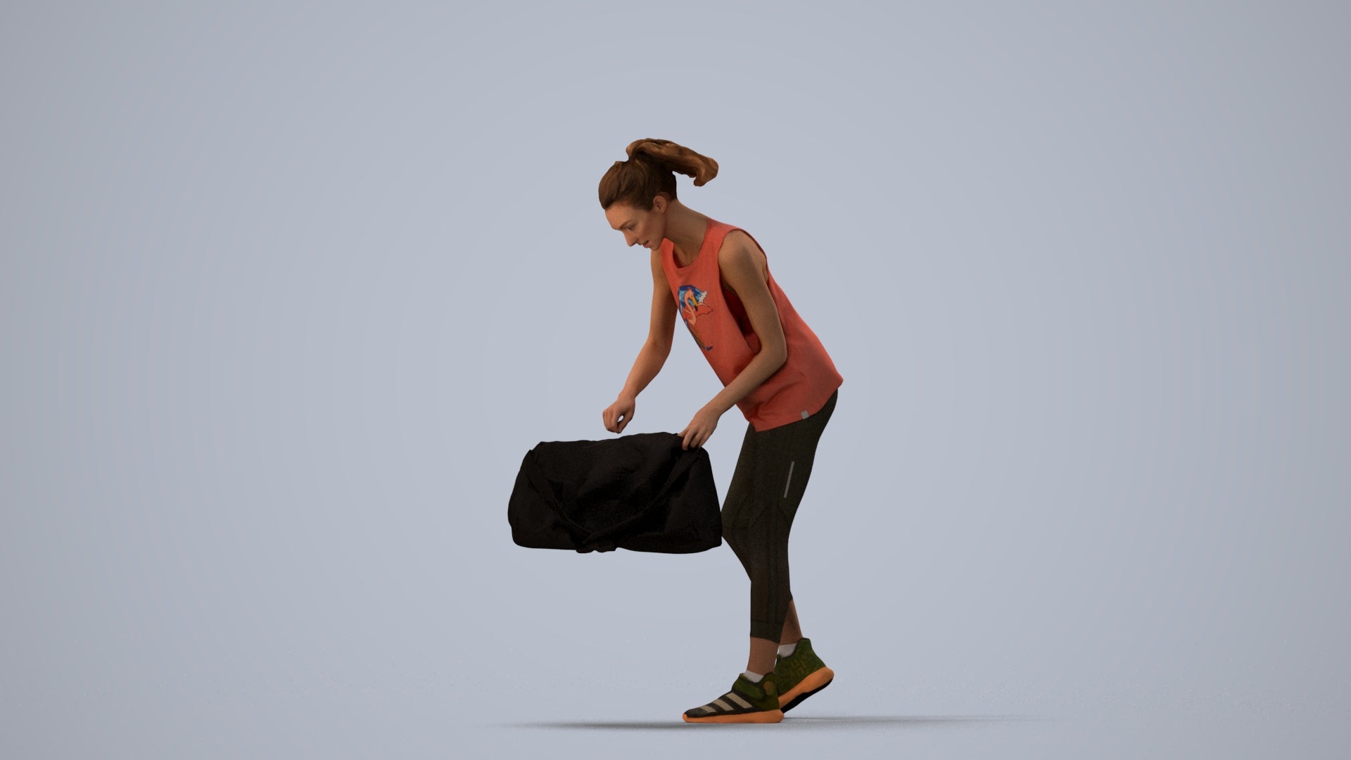 3D human model woman sport, photogrammetry scanned person for archviz, three-quarter view render