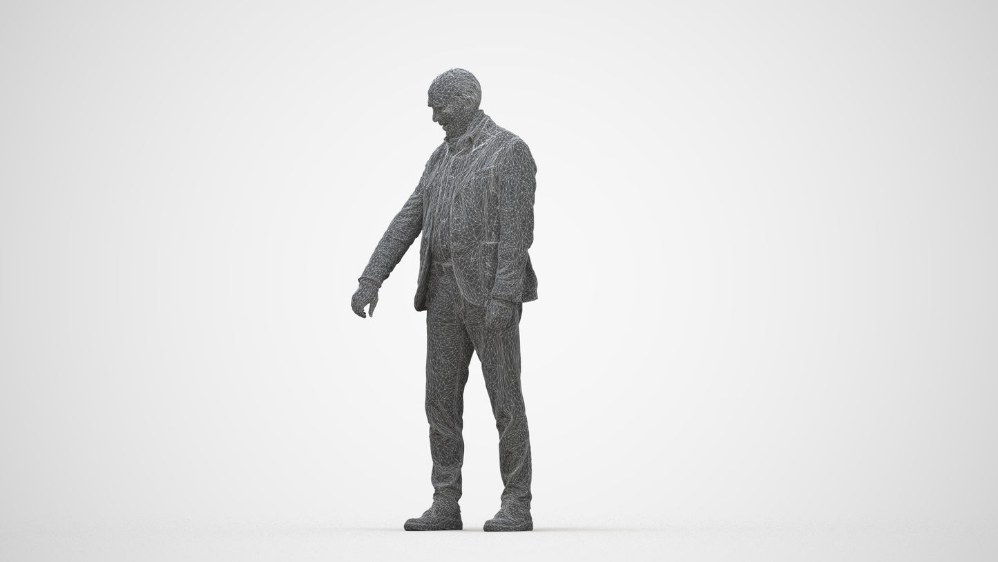 photogrammetry 3D senior man casual standing, realistic human model archviz FBX, wireframe back view