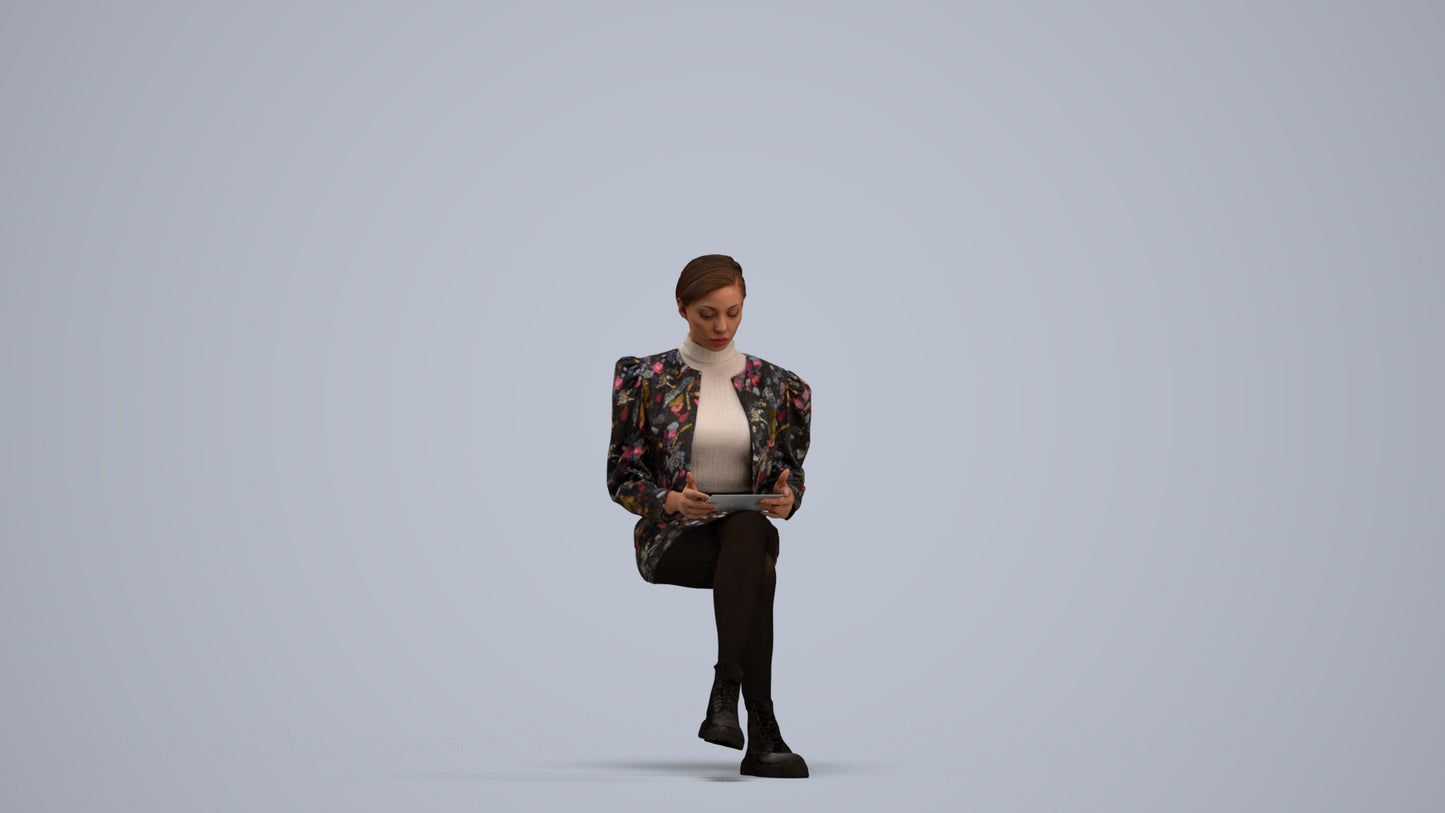 realistic 3D woman business sitting, scanned archviz people for Blender and 3ds Max, standing pose render