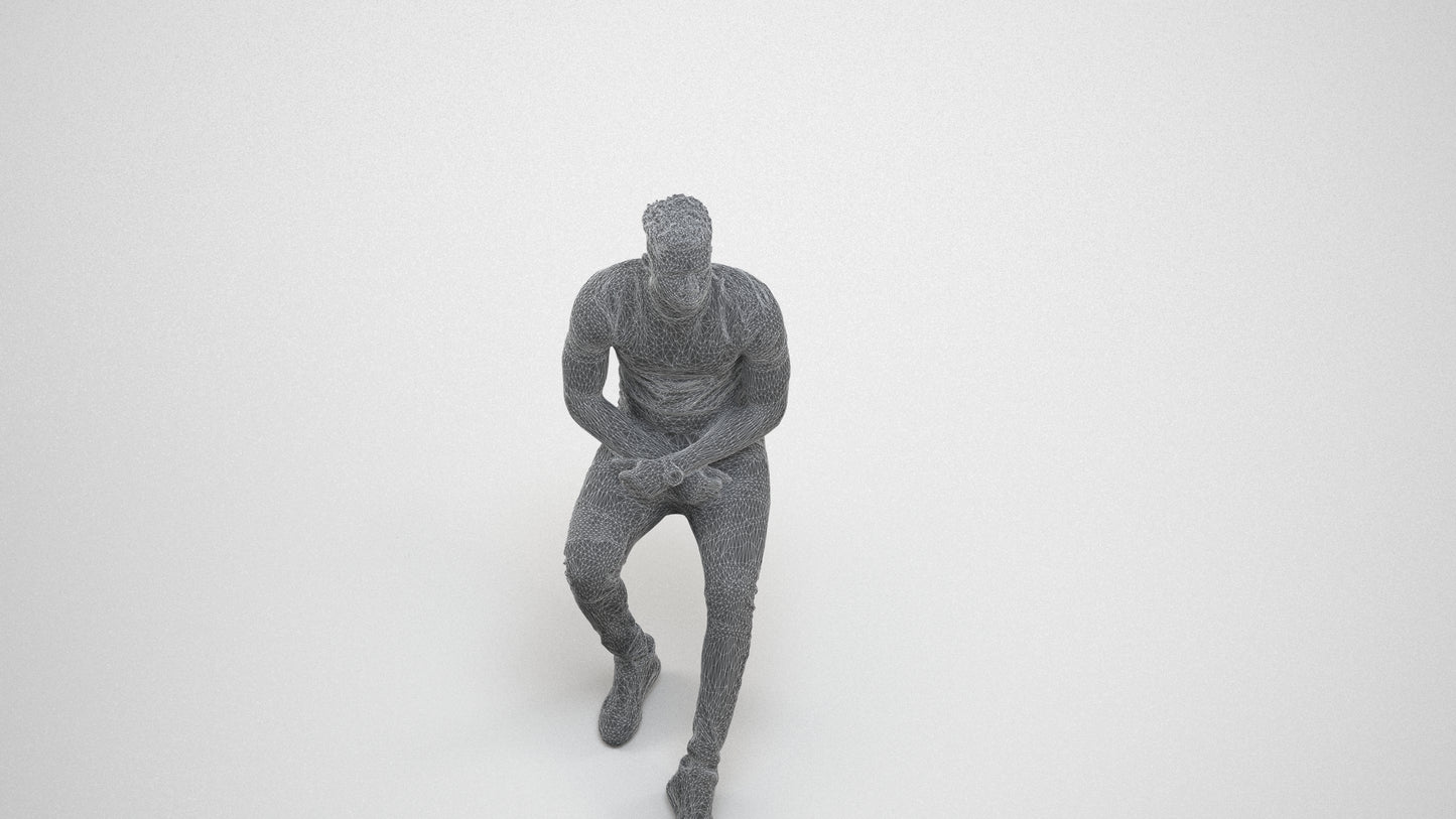3D scanned man sitting casual, photorealistic archviz people for Enscape and SketchUp, wireframe three-quarter view