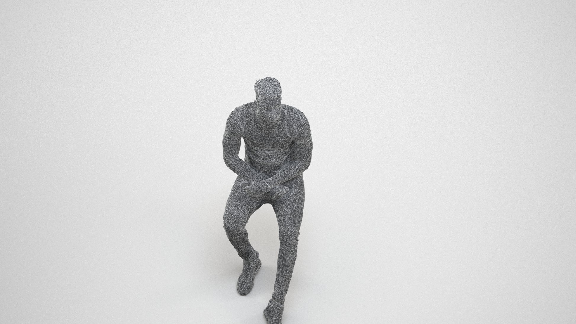 3D scanned man sitting casual, photorealistic archviz people for Enscape and SketchUp, wireframe three-quarter view