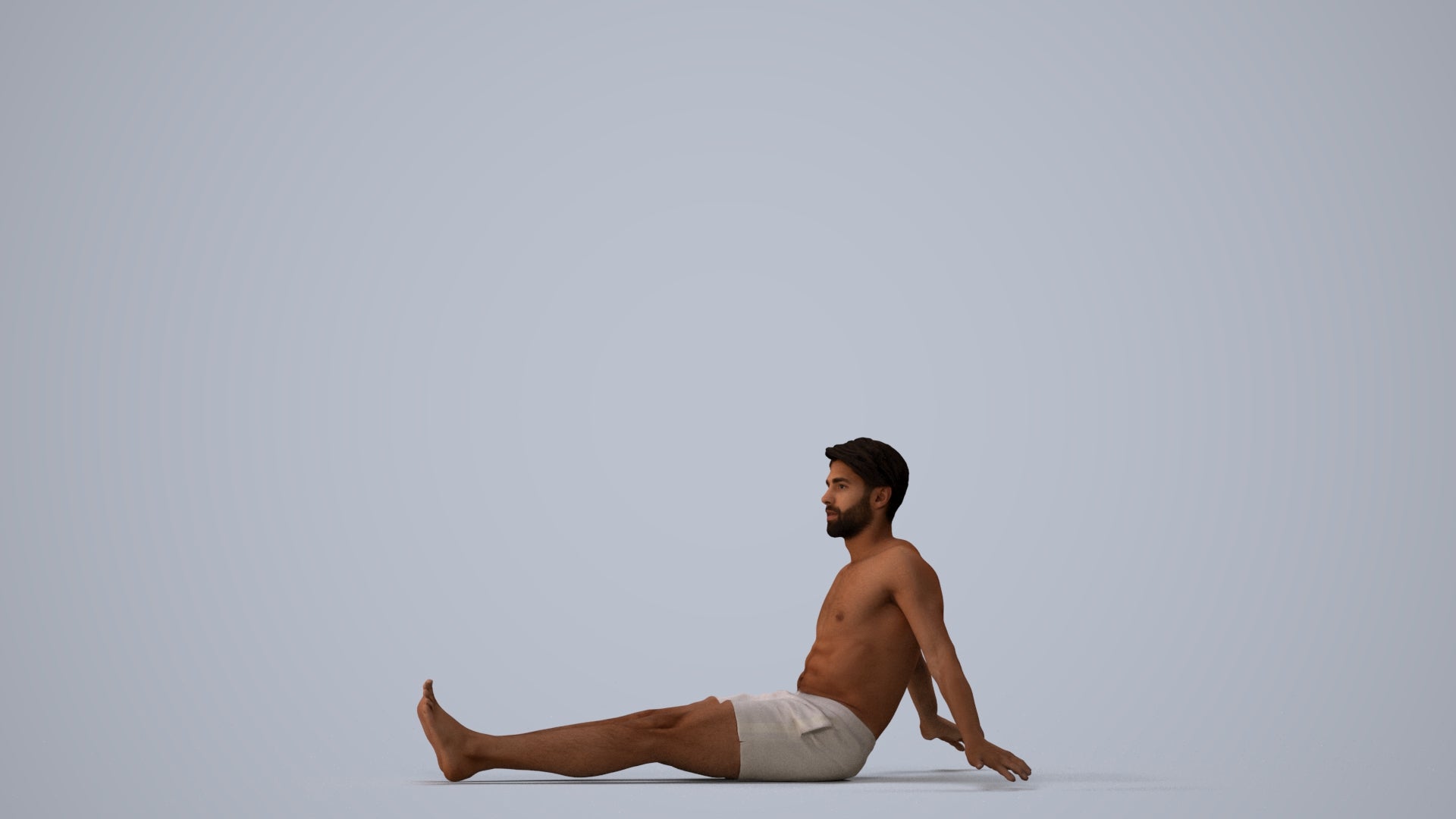 3D human model man pool, photogrammetry scanned person for archviz, three-quarter view render