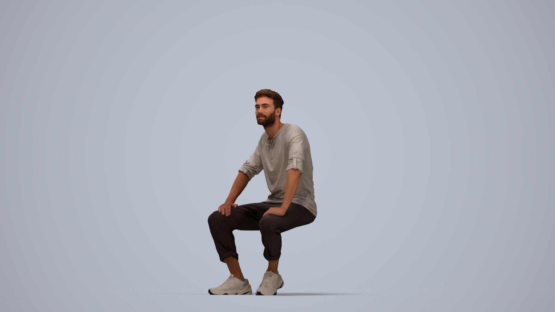 3D human model man casual sitting, photogrammetry scanned person for archviz, top-down view render