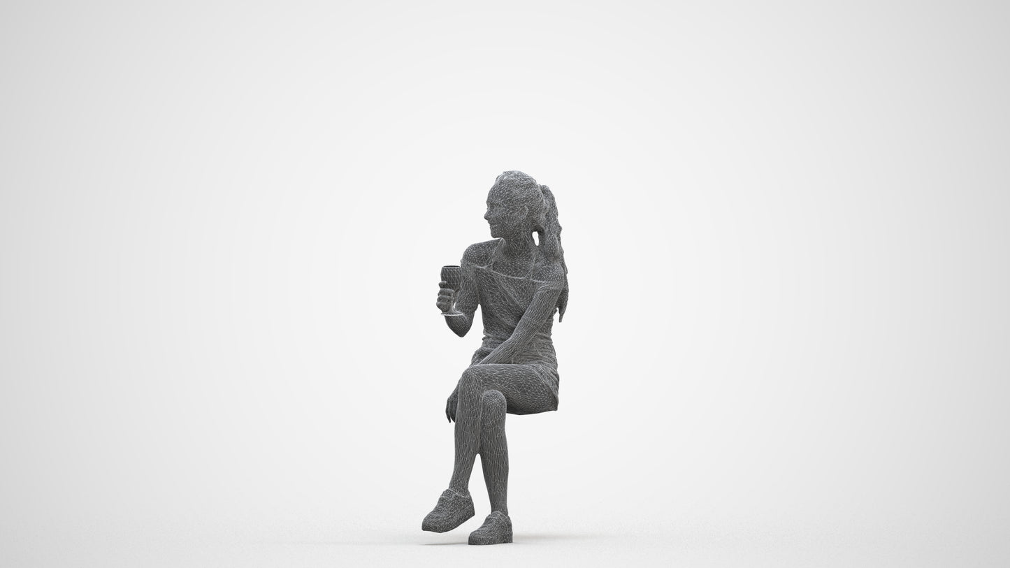 photogrammetry 3D woman casual sitting, realistic human model archviz FBX, three-quarter front view render