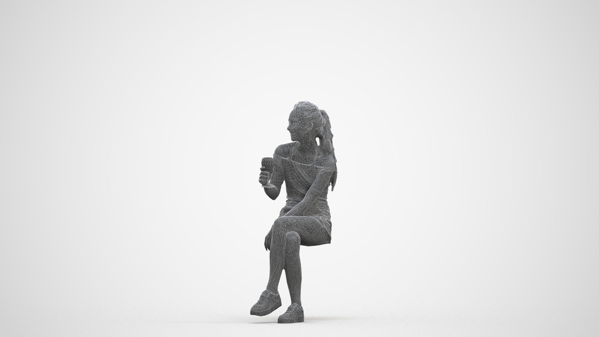 photogrammetry 3D woman casual sitting, realistic human model archviz FBX, three-quarter front view render