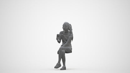 photogrammetry 3D woman casual sitting, realistic human model archviz FBX, three-quarter front view render
