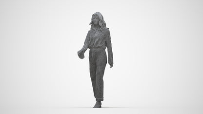 3D human model woman casual walking, photogrammetry scanned person for archviz, wireframe back view