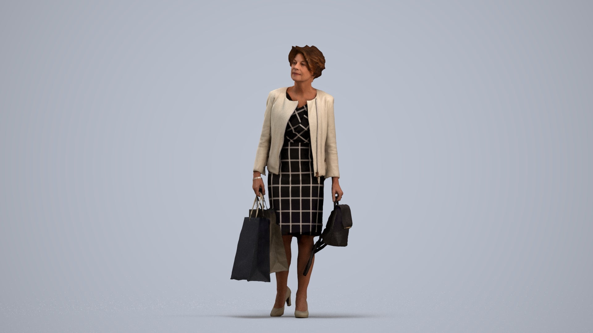 realistic 3D human woman business shopping, archviz people FBX OBJ for Blender, standing pose render