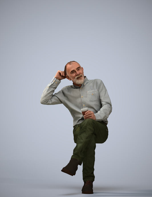 realistic 3D people senior man casual sitting, render-ready for V-Ray and Corona, FBX OBJ