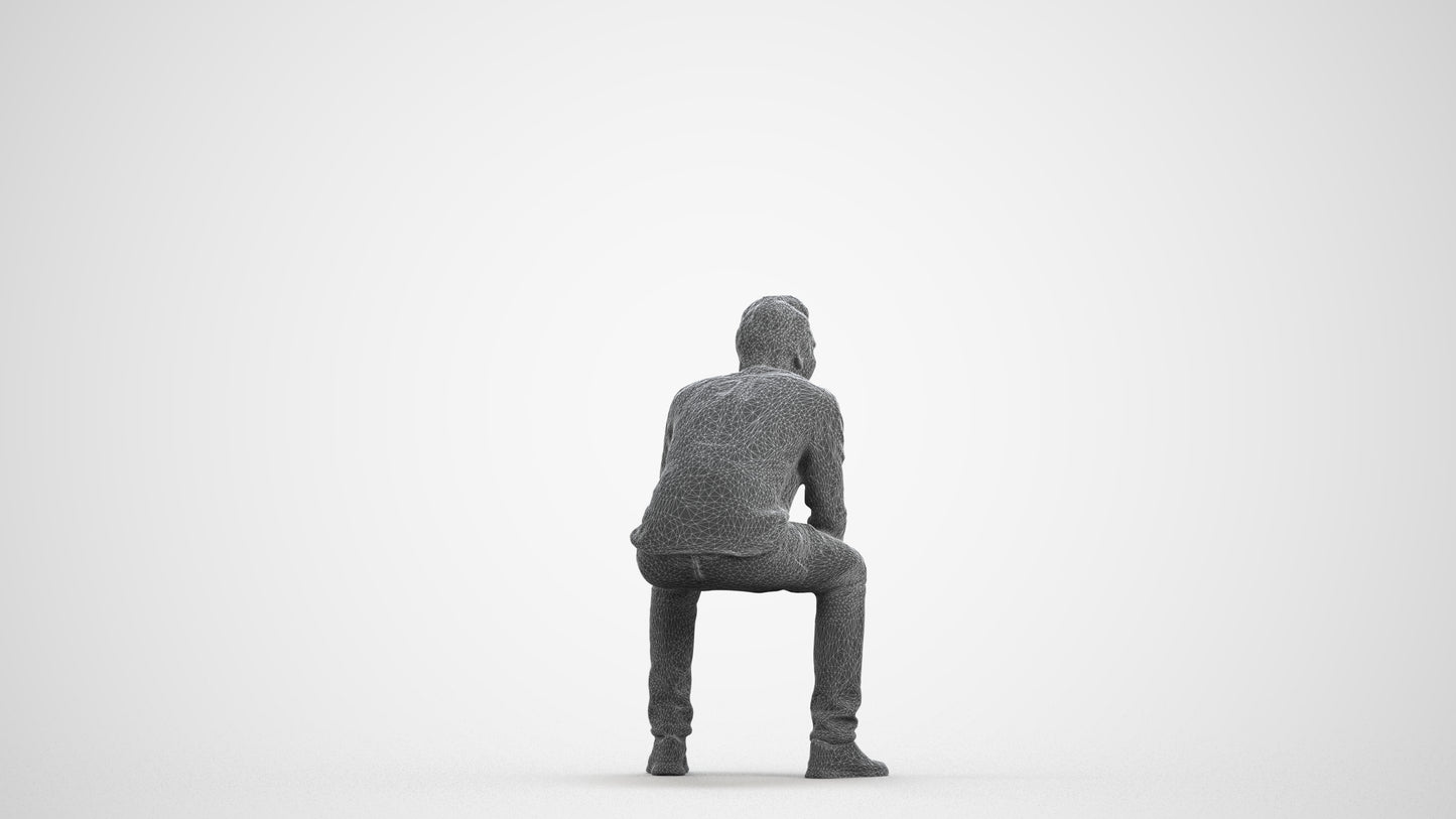 photogrammetry 3D man casual sitting, realistic human model archviz FBX, wireframe front view