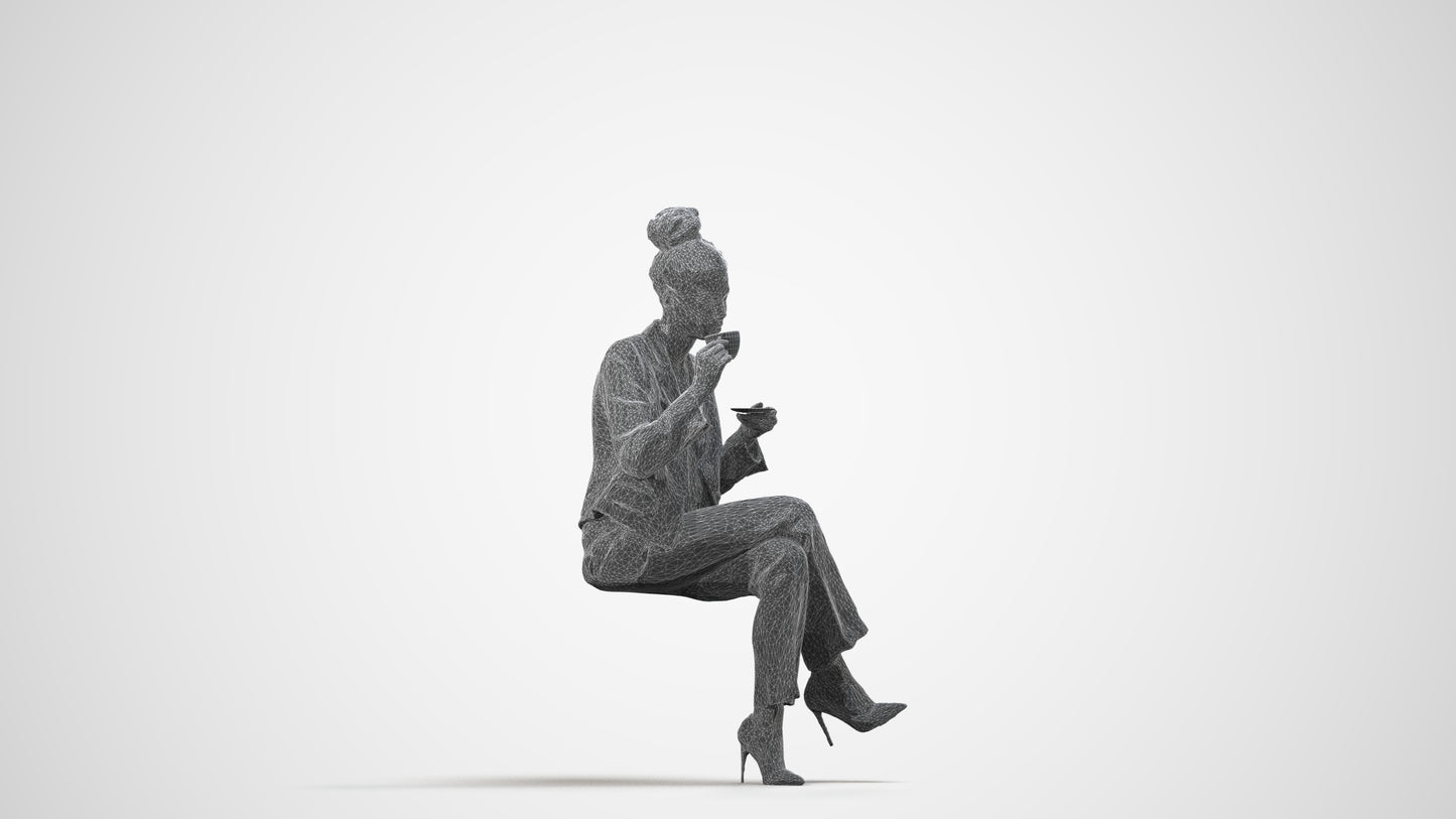 realistic 3D human woman business, archviz people FBX OBJ for Blender, wireframe side view