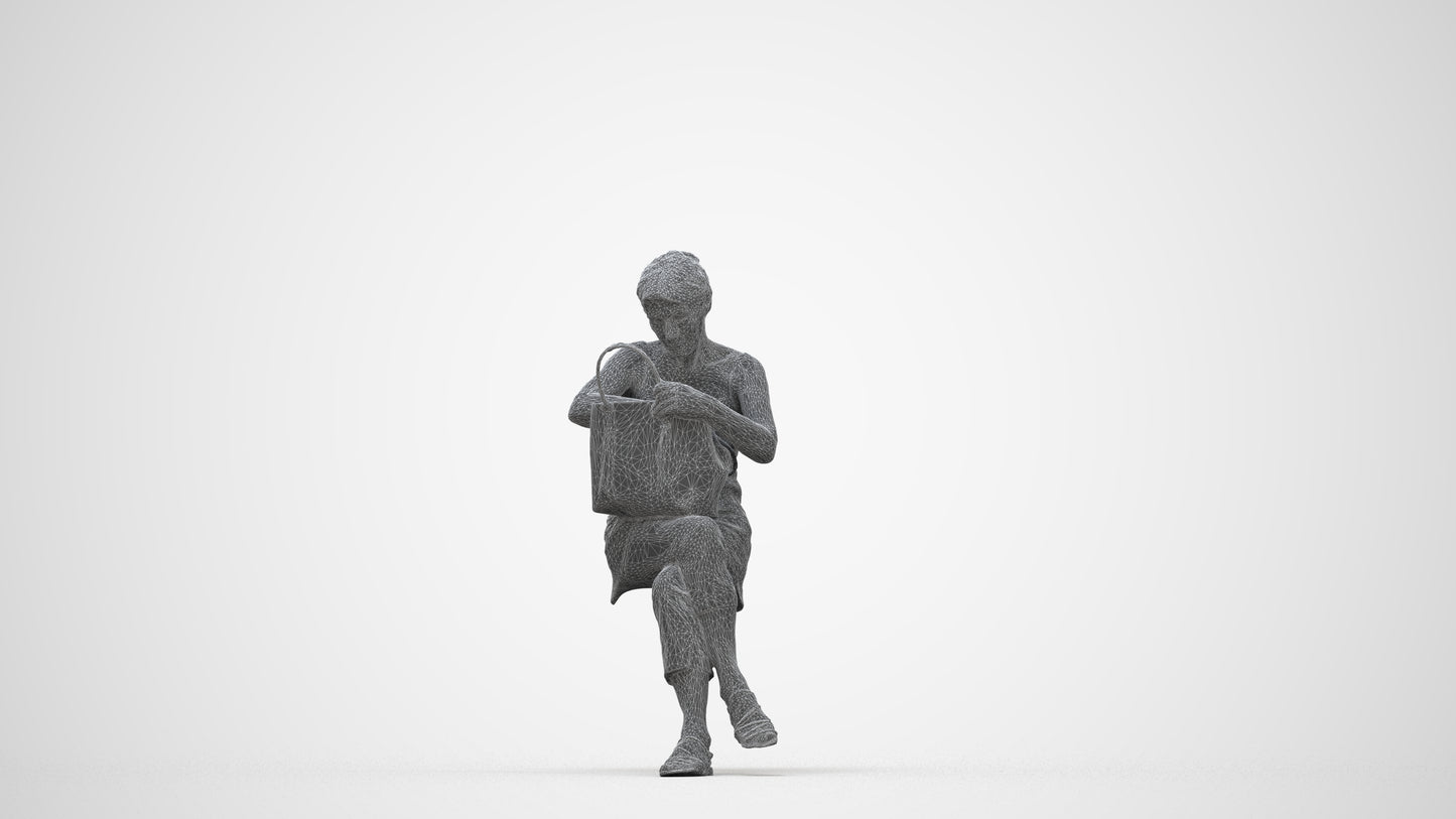 3D scanned senior woman sitting casual, photorealistic archviz people for Enscape and SketchUp, wireframe back view