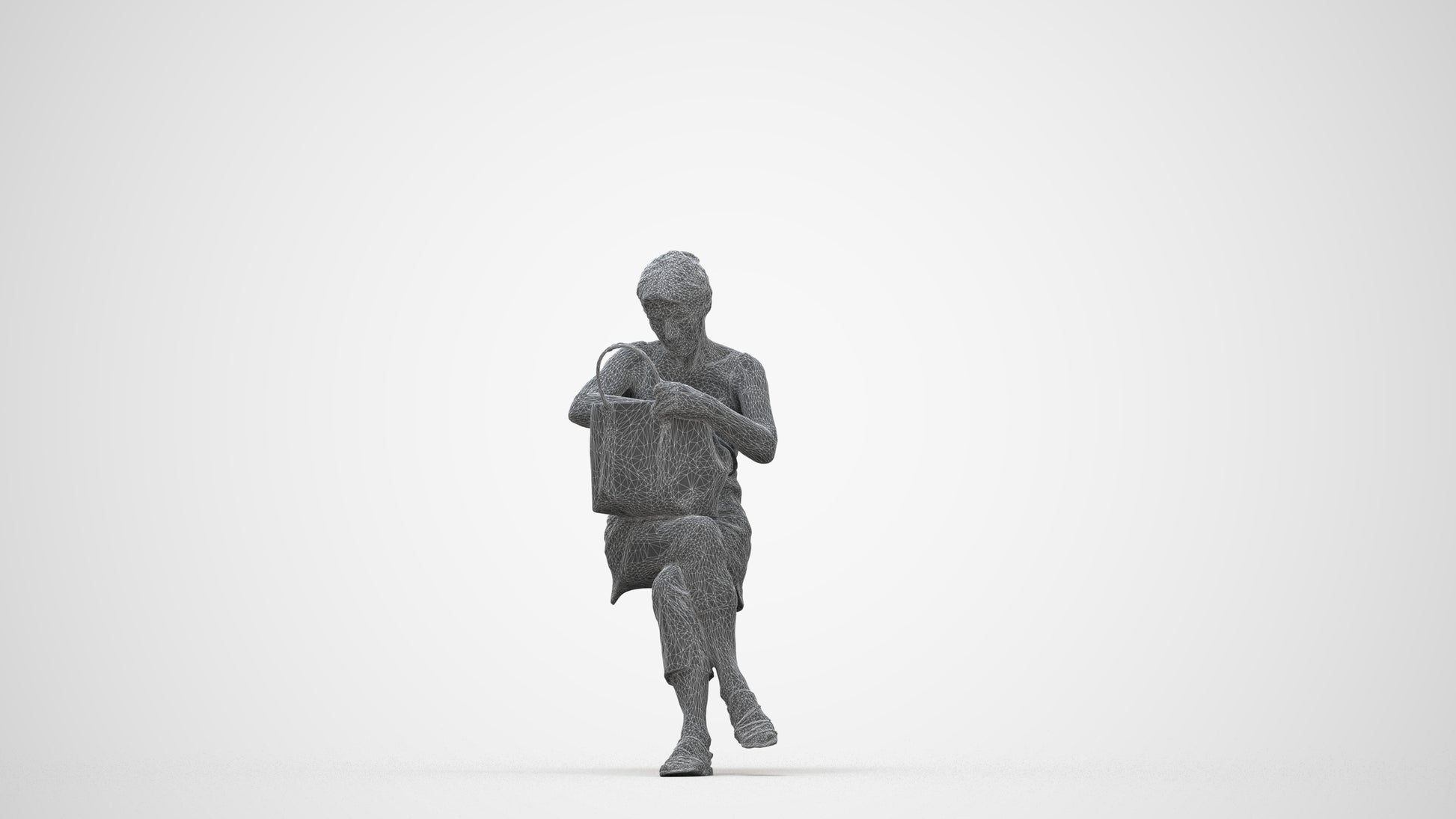 3D scanned senior woman sitting casual, photorealistic archviz people for Enscape and SketchUp, wireframe back view