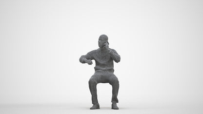 3D human model man sitting, photogrammetry scanned person for archviz, three-quarter front view render
