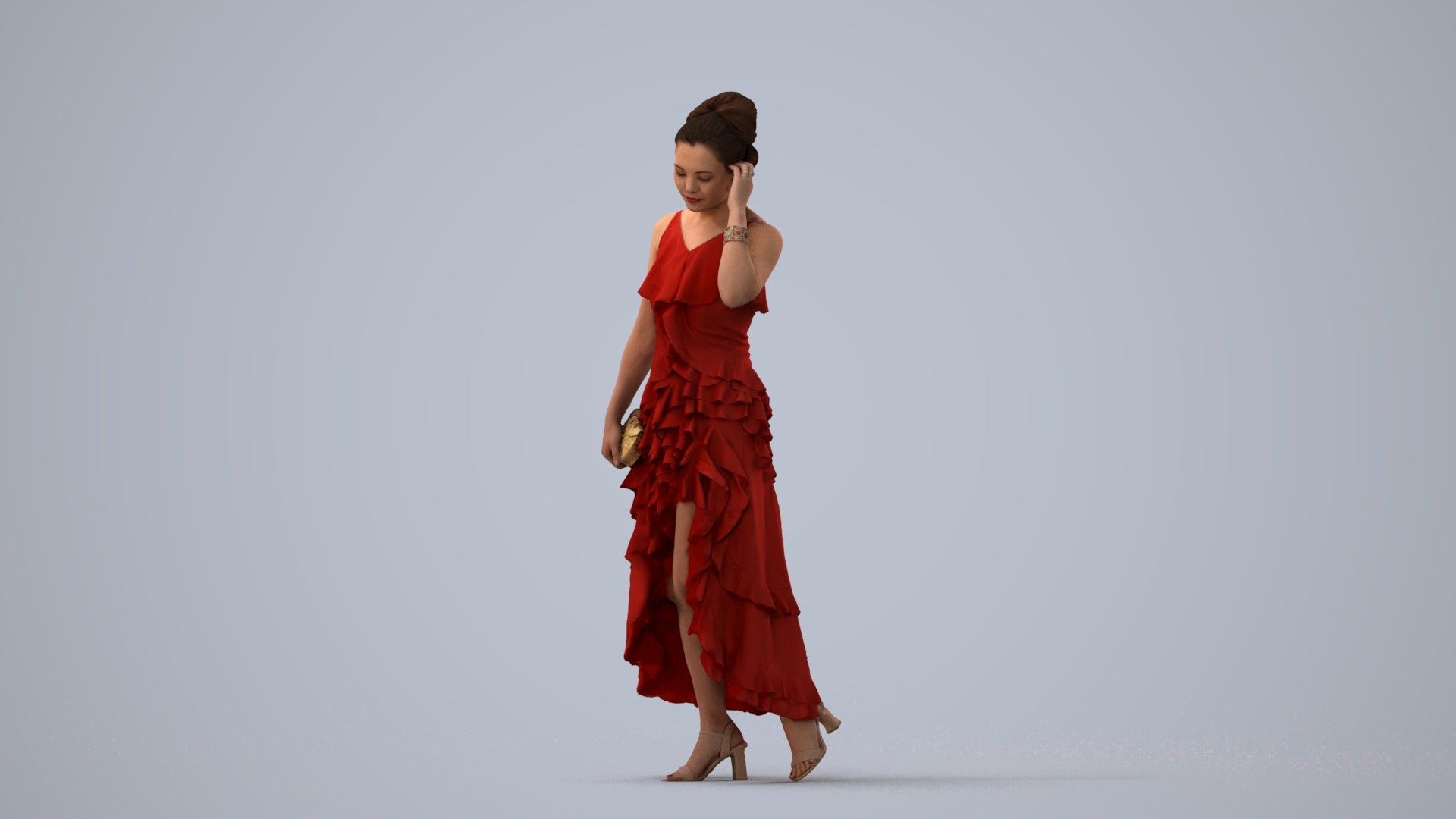 3D scanned woman formalaffairs formal, photorealistic archviz people for Enscape and SketchUp, three-quarter view render