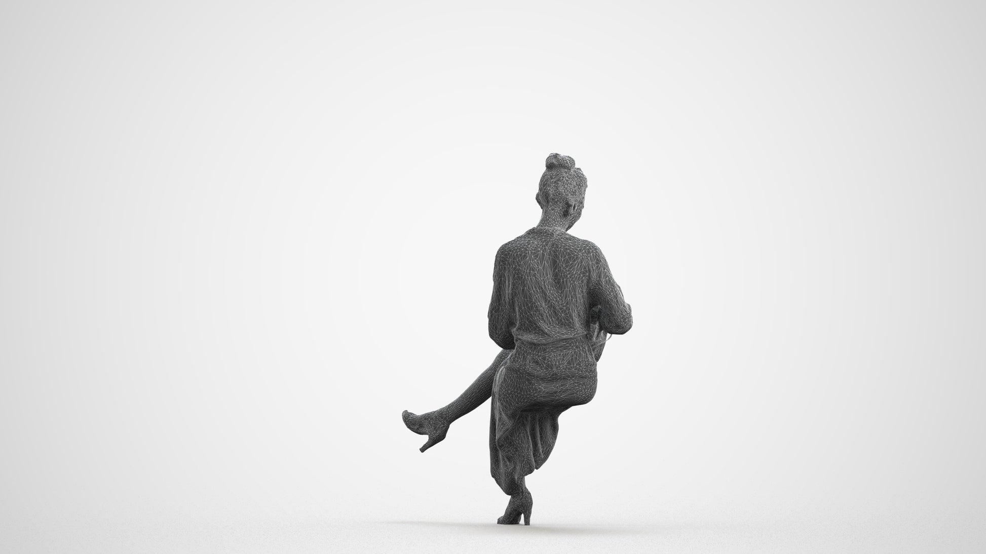 realistic 3D woman casual sitting, scanned archviz people for Blender and 3ds Max, wireframe front view