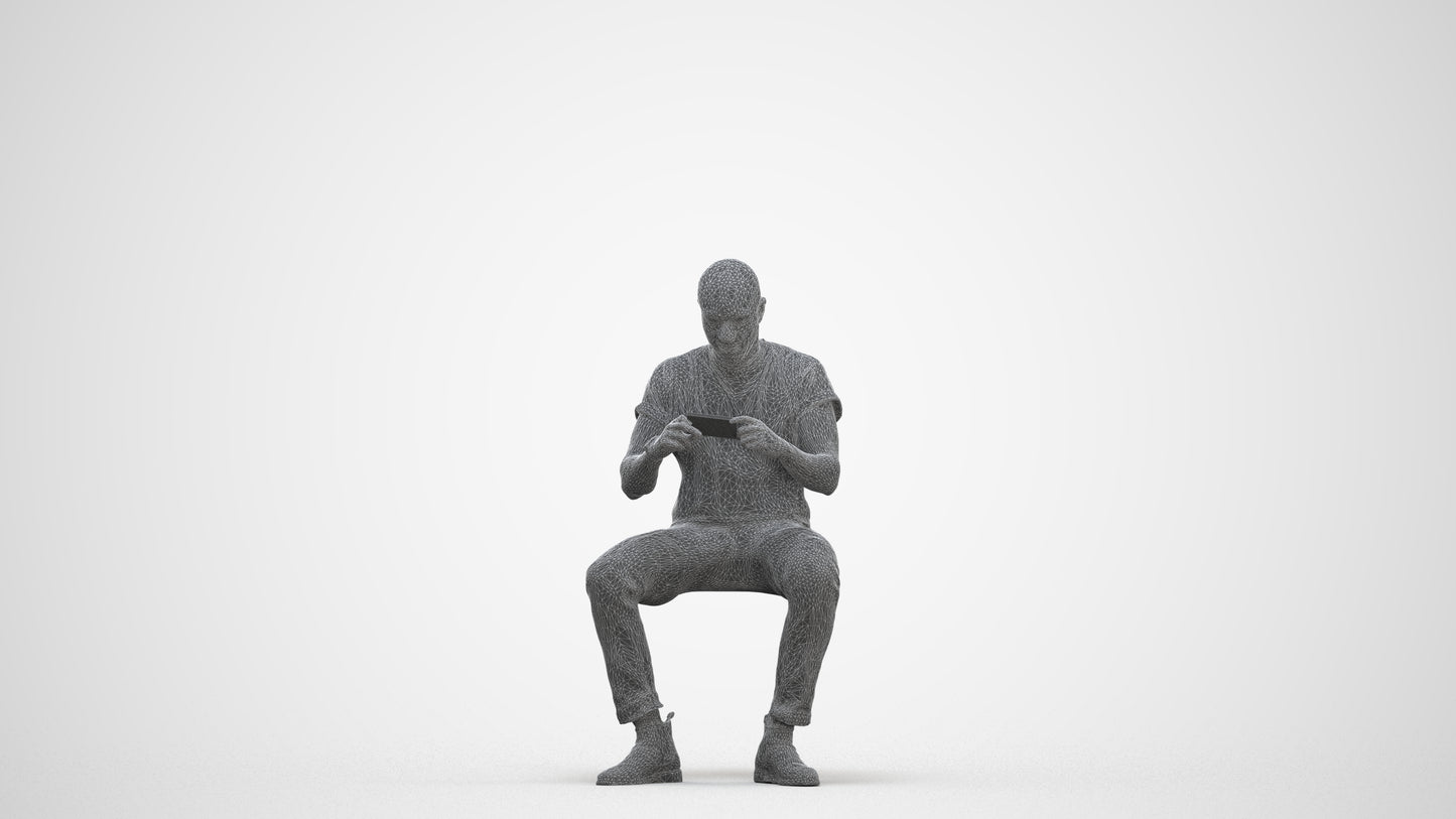 realistic 3D people man casual sitting, render-ready for V-Ray and Corona, FBX OBJ, three-quarter front view render