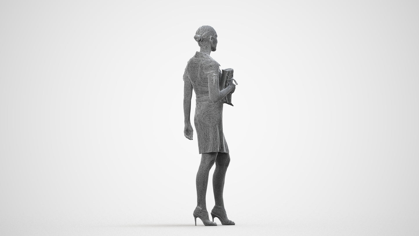 realistic 3D woman business standing, scanned archviz people for Blender and 3ds Max, wireframe side view