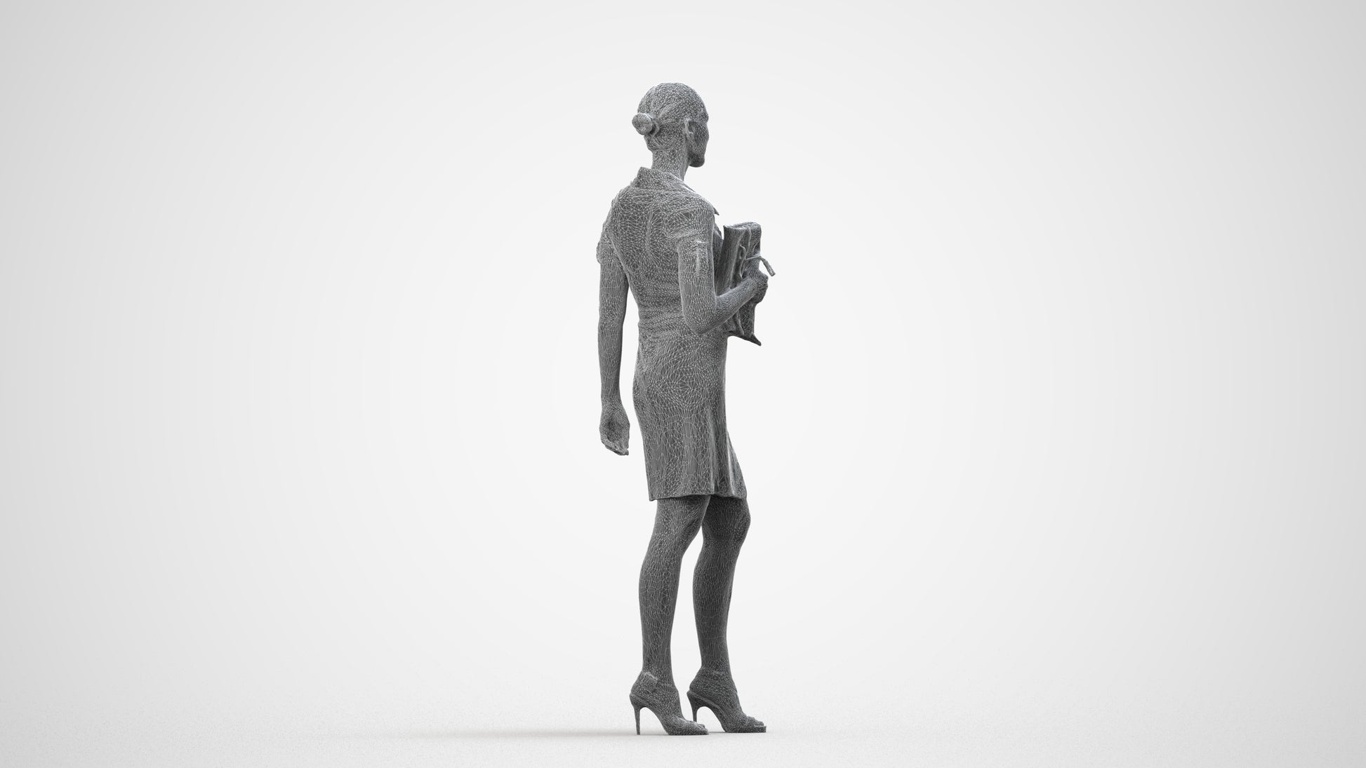 realistic 3D woman business standing, scanned archviz people for Blender and 3ds Max, wireframe side view
