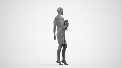 realistic 3D woman business standing, scanned archviz people for Blender and 3ds Max, wireframe side view