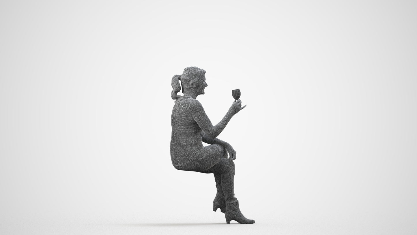 realistic 3D people senior woman casual sitting, render-ready for V-Ray and Corona, FBX OBJ, wireframe side view