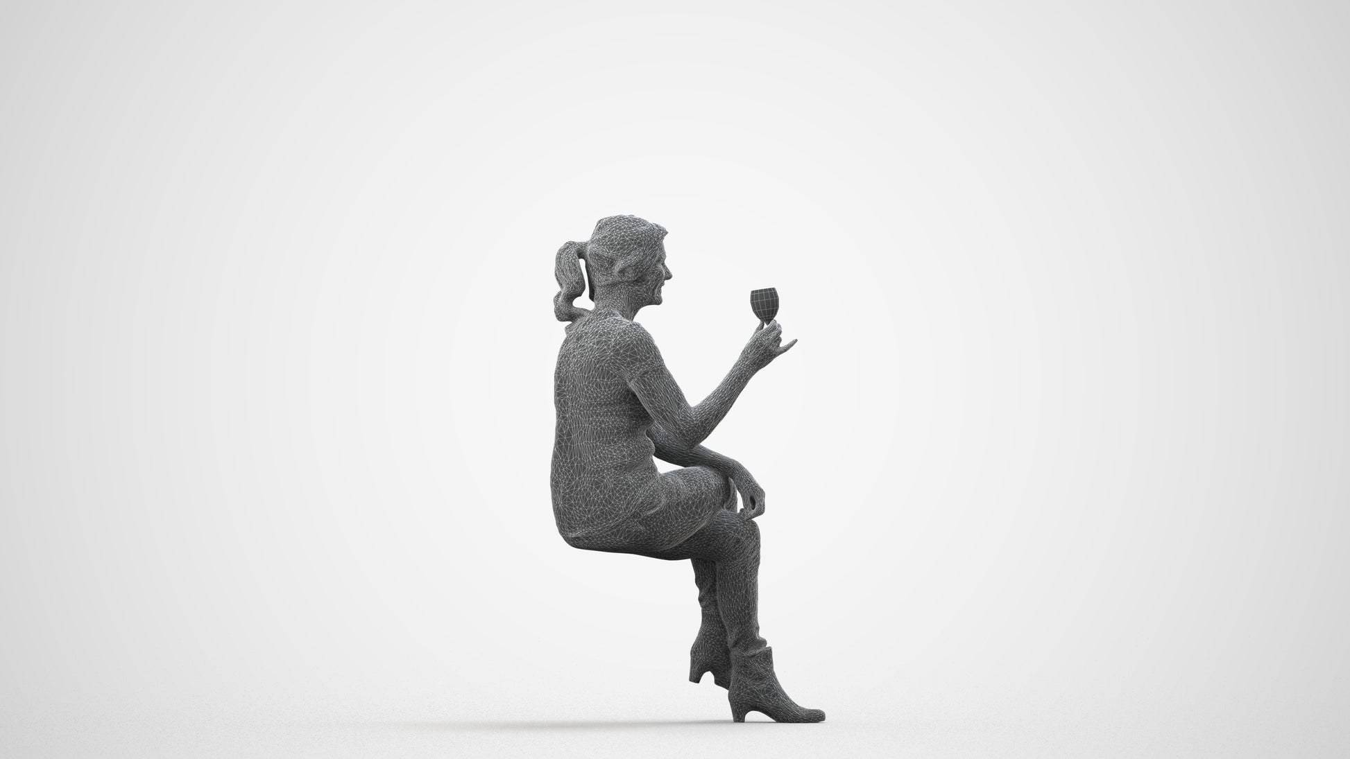 realistic 3D people senior woman casual sitting, render-ready for V-Ray and Corona, FBX OBJ, wireframe side view