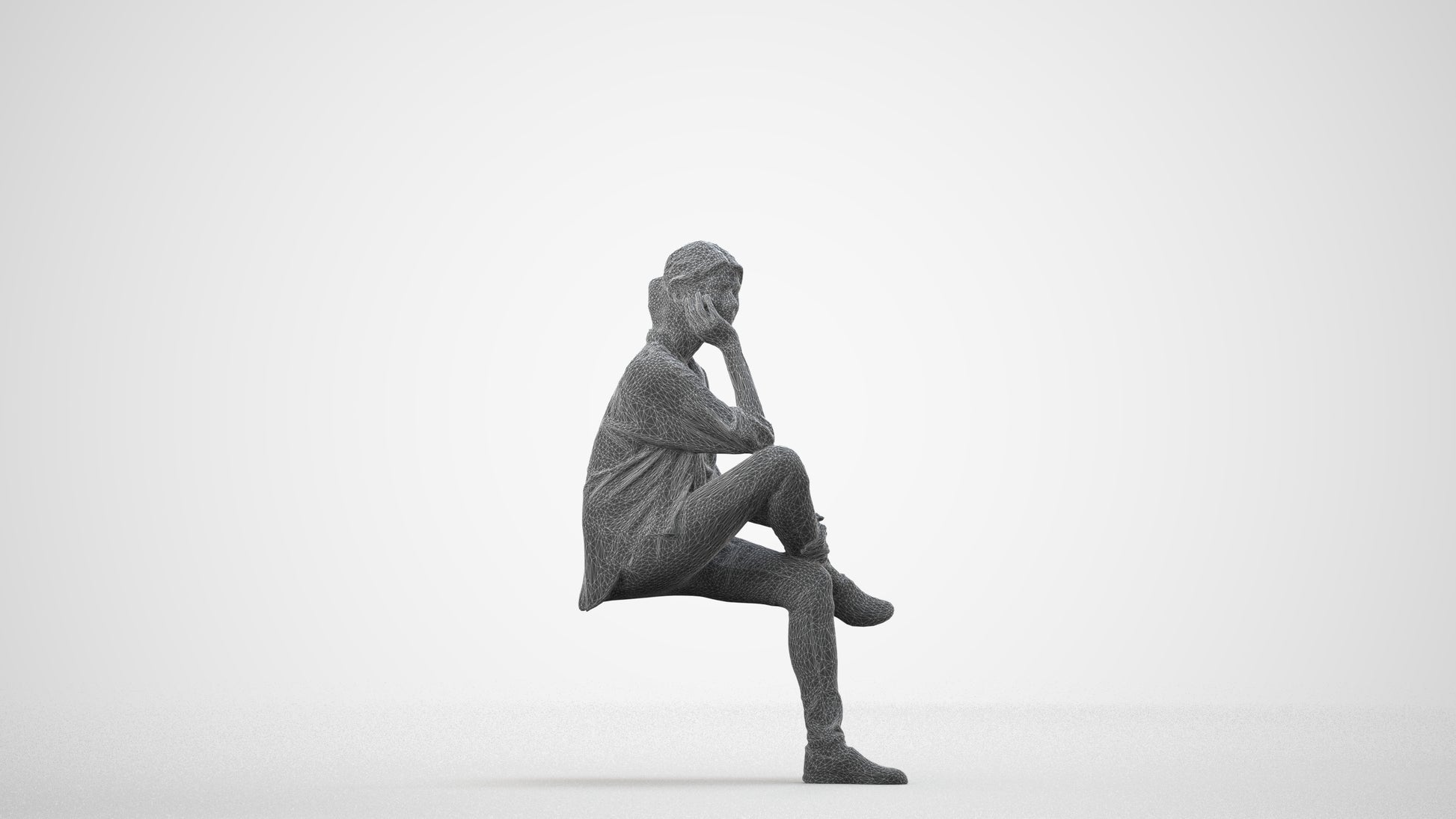 scanned 3D woman casual sitting, photogrammetry people for Enscape and V-Ray, wireframe side view