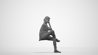 scanned 3D woman casual sitting, photogrammetry people for Enscape and V-Ray, wireframe side view