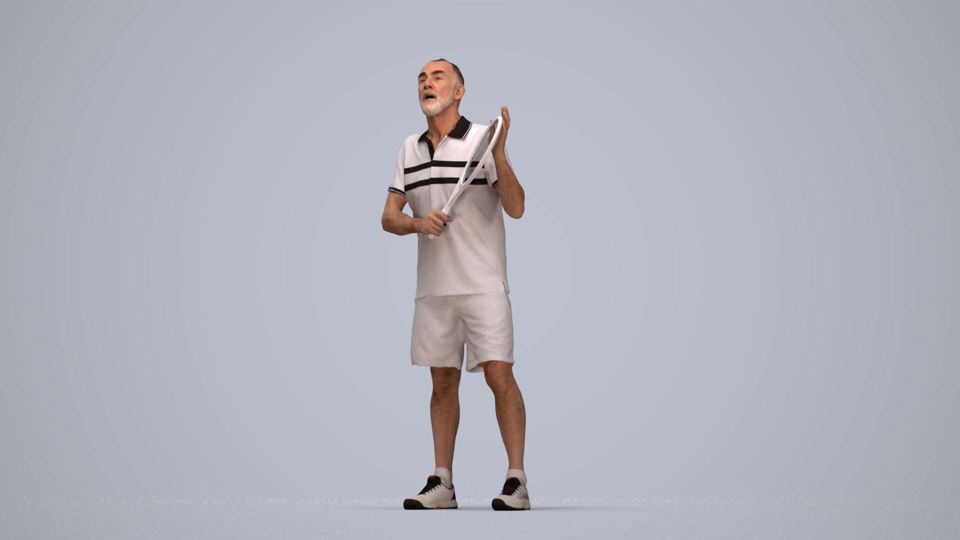 3D human model senior man sport, photogrammetry scanned person for archviz, top-down view render