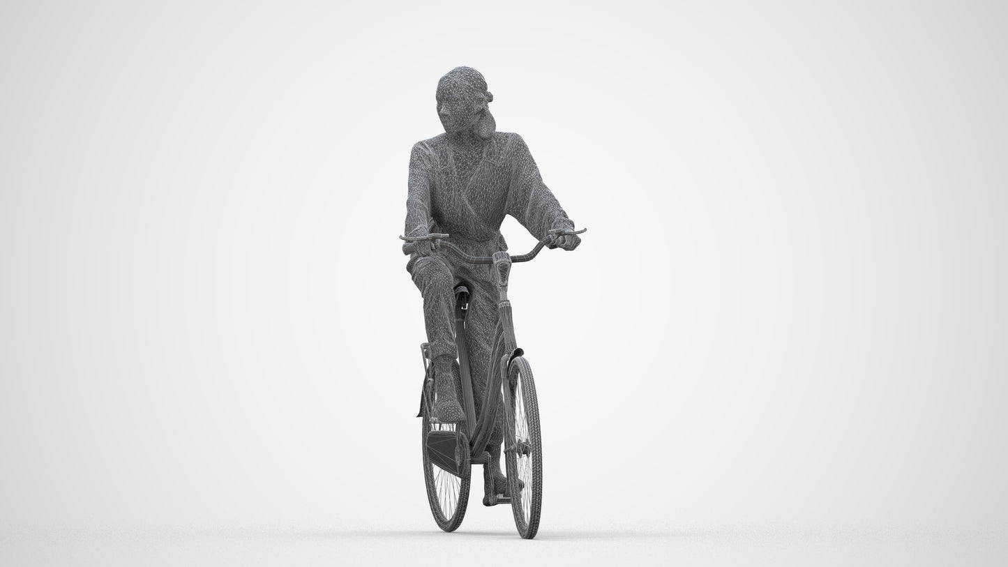 3D human model woman casual cycling, photogrammetry scanned person for archviz, wireframe back view