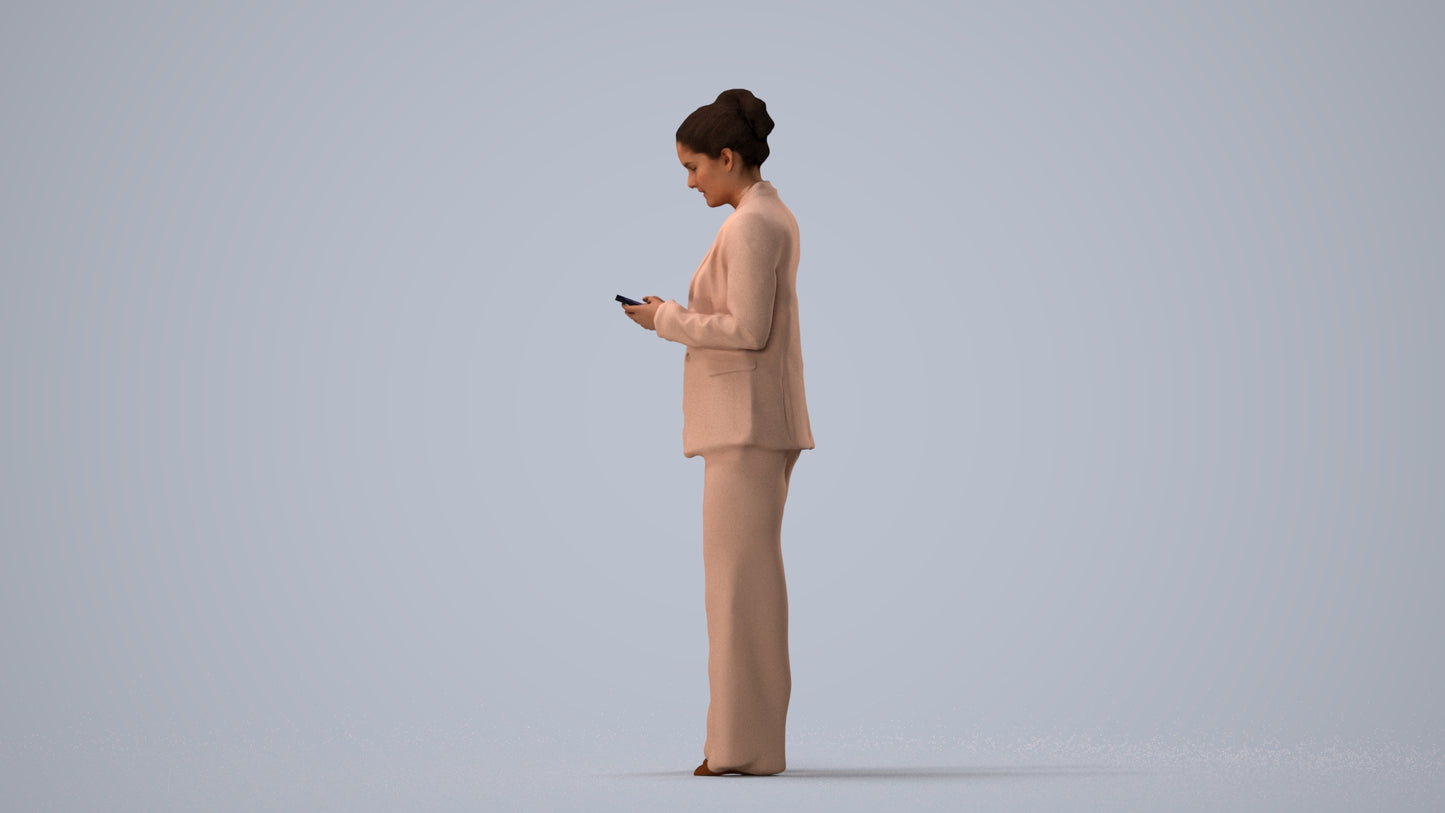 3D human model woman business standing, photogrammetry scanned person for archviz, three-quarter view render