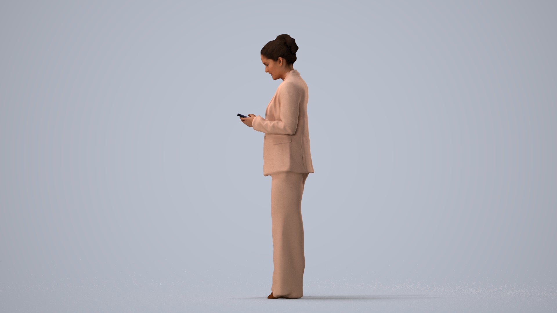 3D human model woman business standing, photogrammetry scanned person for archviz, three-quarter view render