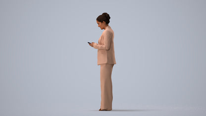 3D human model woman business standing, photogrammetry scanned person for archviz, three-quarter view render