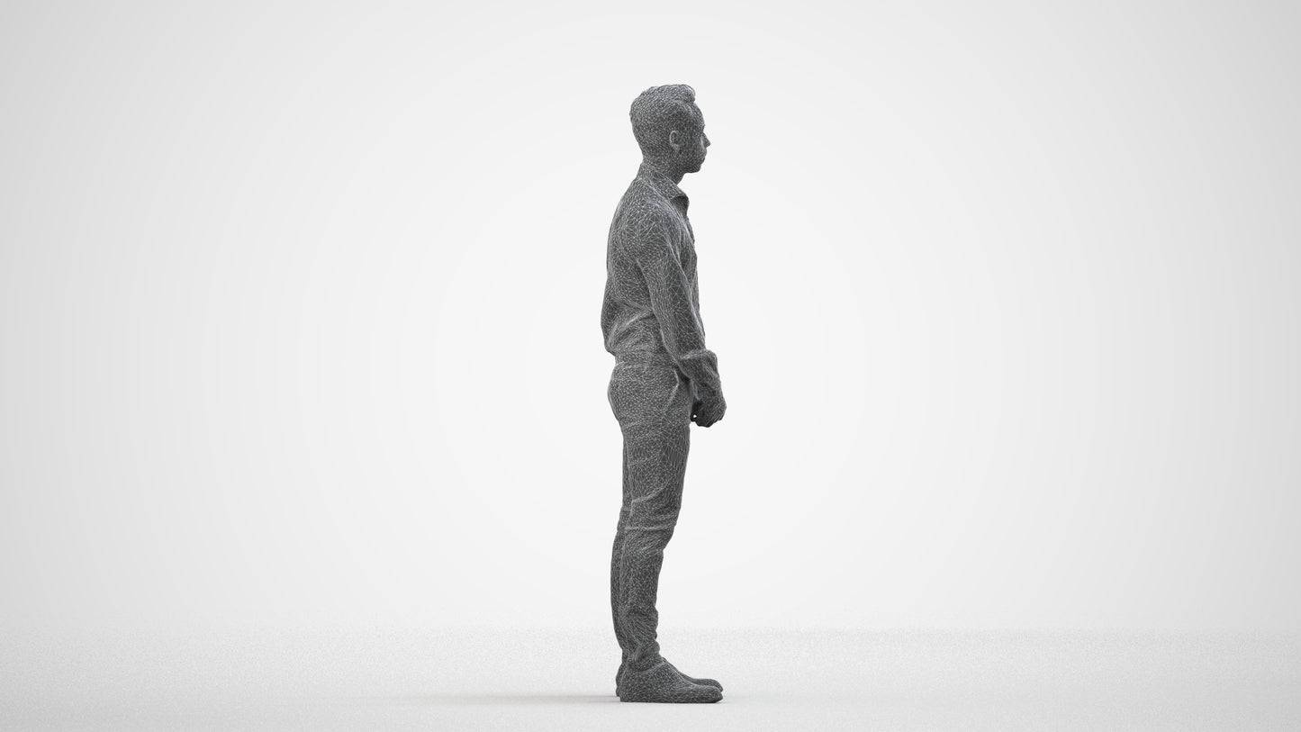 photogrammetry 3D man business standing, realistic human model archviz FBX, wireframe side view