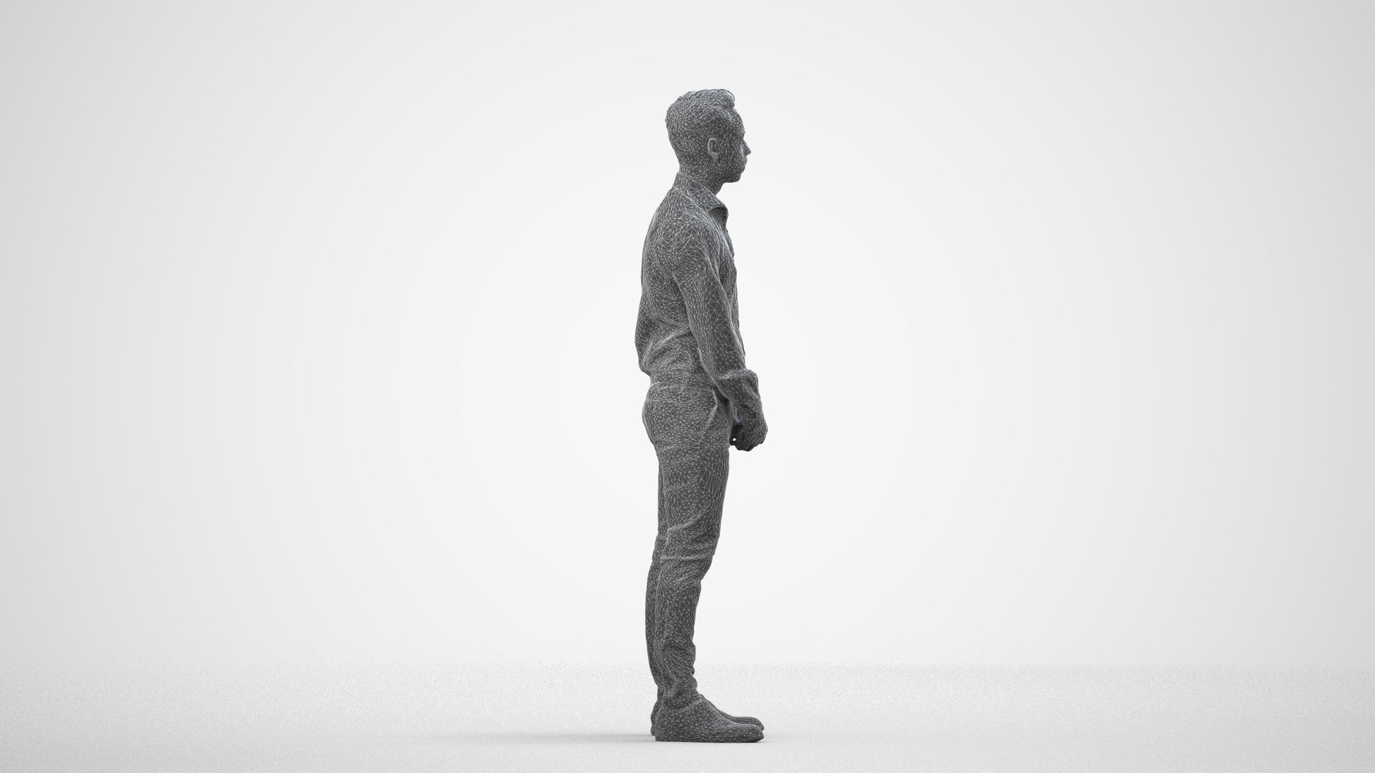 photogrammetry 3D man business standing, realistic human model archviz FBX, wireframe side view