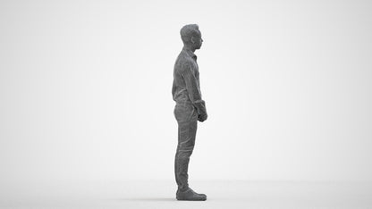 photogrammetry 3D man business standing, realistic human model archviz FBX, wireframe side view