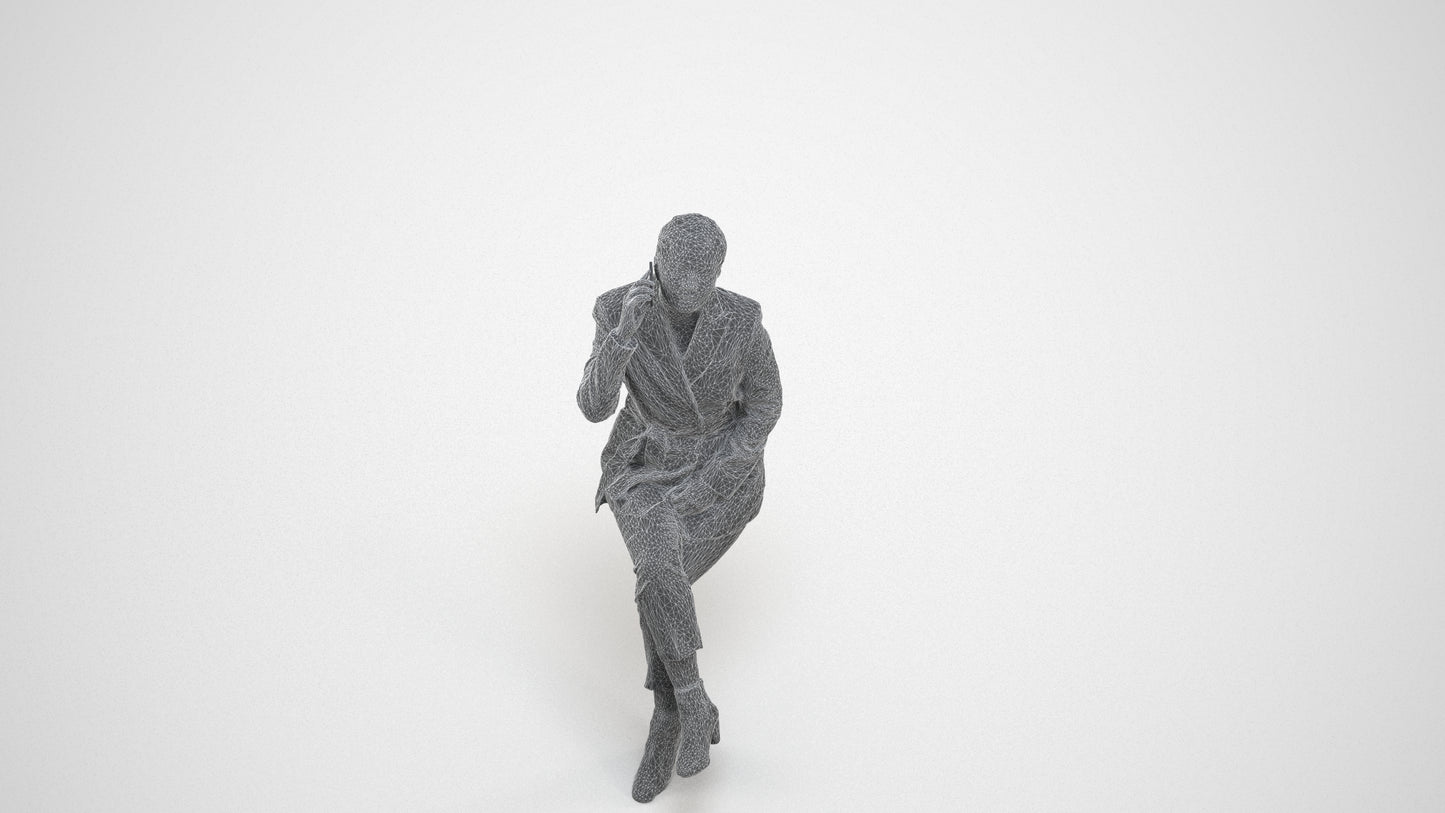 3D human model woman business, photogrammetry scanned person for archviz, wireframe three-quarter view