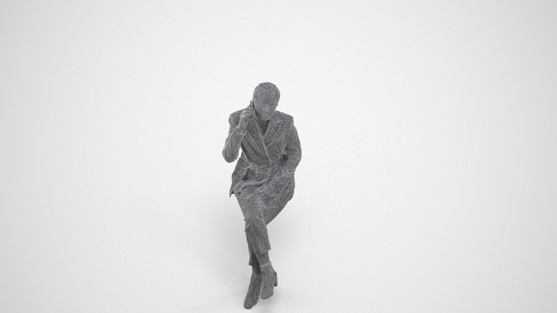 3D human model woman business, photogrammetry scanned person for archviz, wireframe three-quarter view