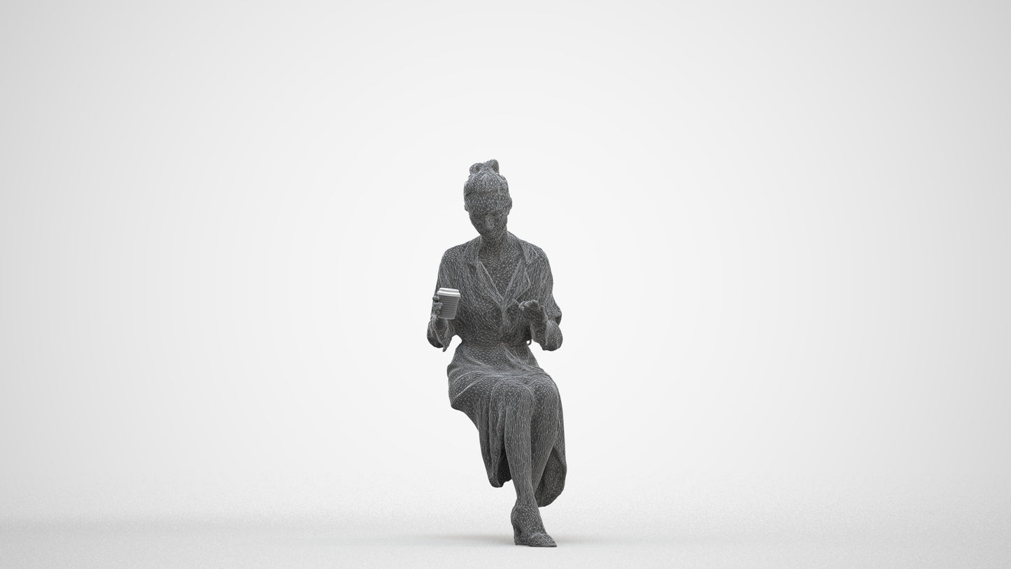 realistic 3D people woman casual sitting, render-ready for V-Ray and Corona, FBX OBJ, three-quarter front view render