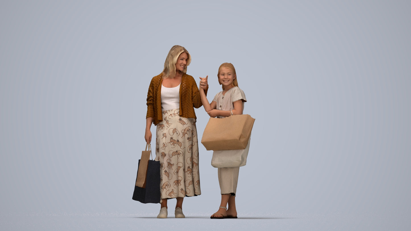 3D human model girl casual shopping, photogrammetry scanned person for archviz, top-down view render