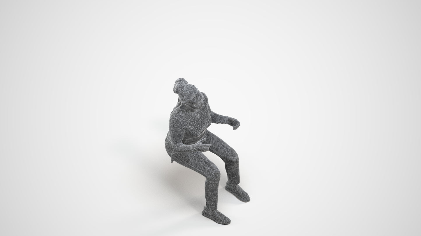3D human model woman casual sitting, photogrammetry scanned person for archviz, wireframe three-quarter view