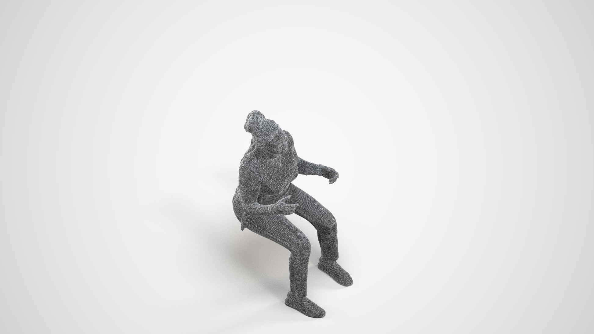 3D human model woman casual sitting, photogrammetry scanned person for archviz, wireframe three-quarter view