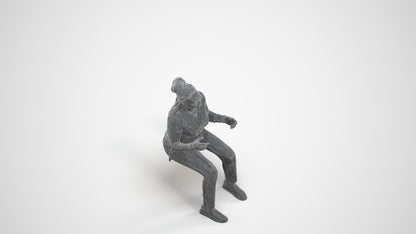 3D human model woman casual sitting, photogrammetry scanned person for archviz, wireframe three-quarter view