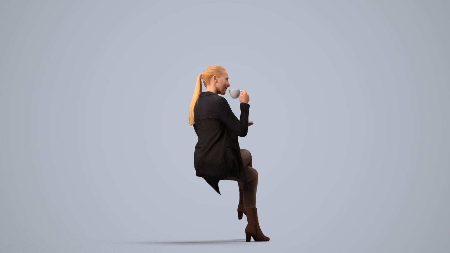 realistic 3D woman business sitting, scanned archviz people for Blender and 3ds Max, side view render