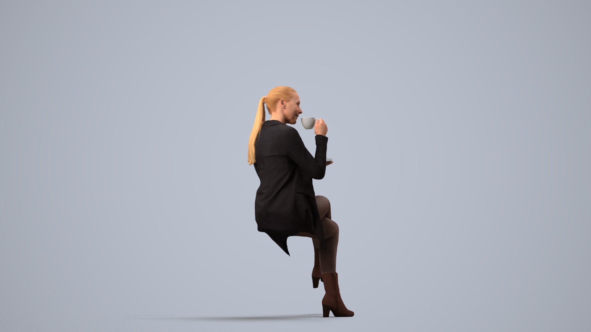 realistic 3D woman business sitting, scanned archviz people for Blender and 3ds Max, side view render