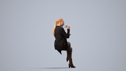 realistic 3D woman business sitting, scanned archviz people for Blender and 3ds Max, side view render