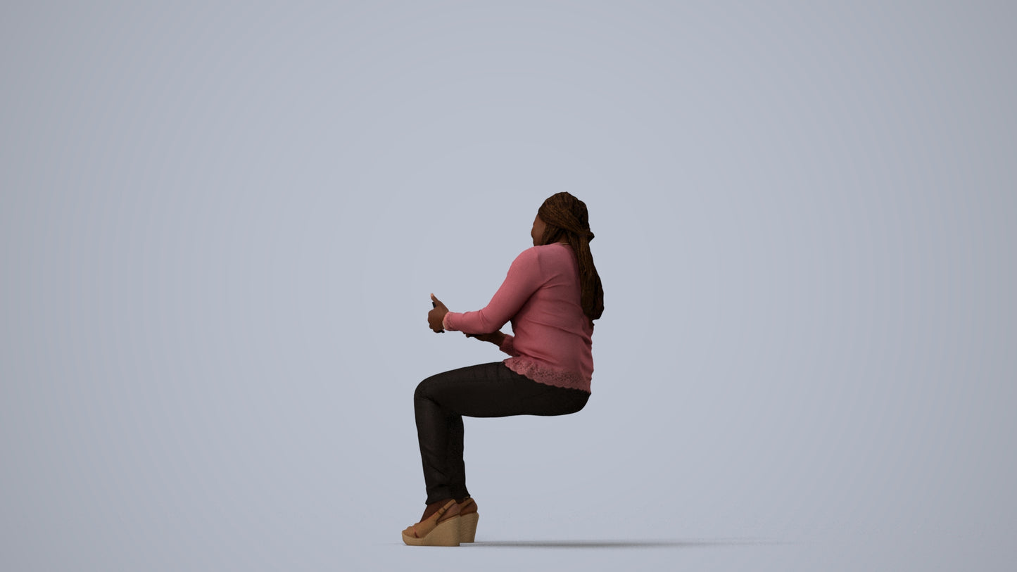 scanned 3D woman casual sitting, photogrammetry people for Enscape and V-Ray, three-quarter view render