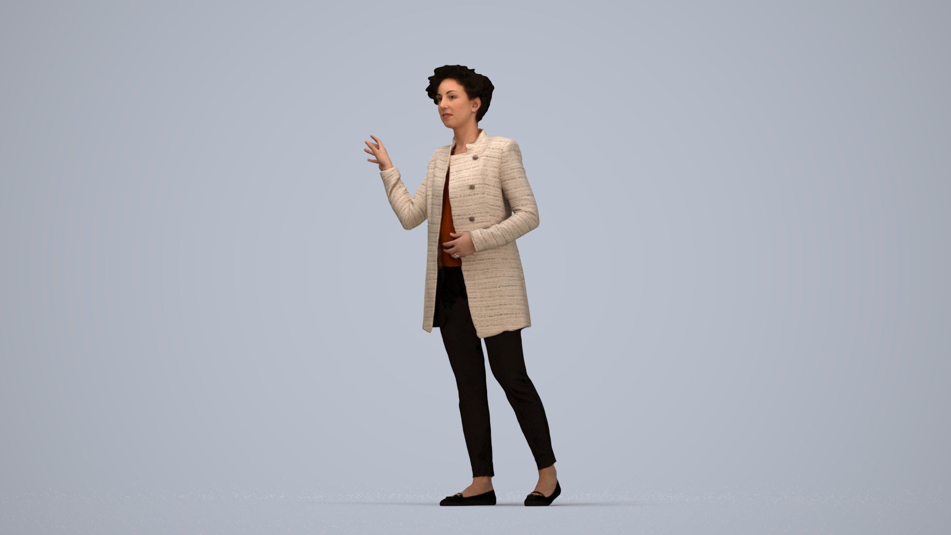 3D human model woman business, photogrammetry scanned person for archviz, top-down view render